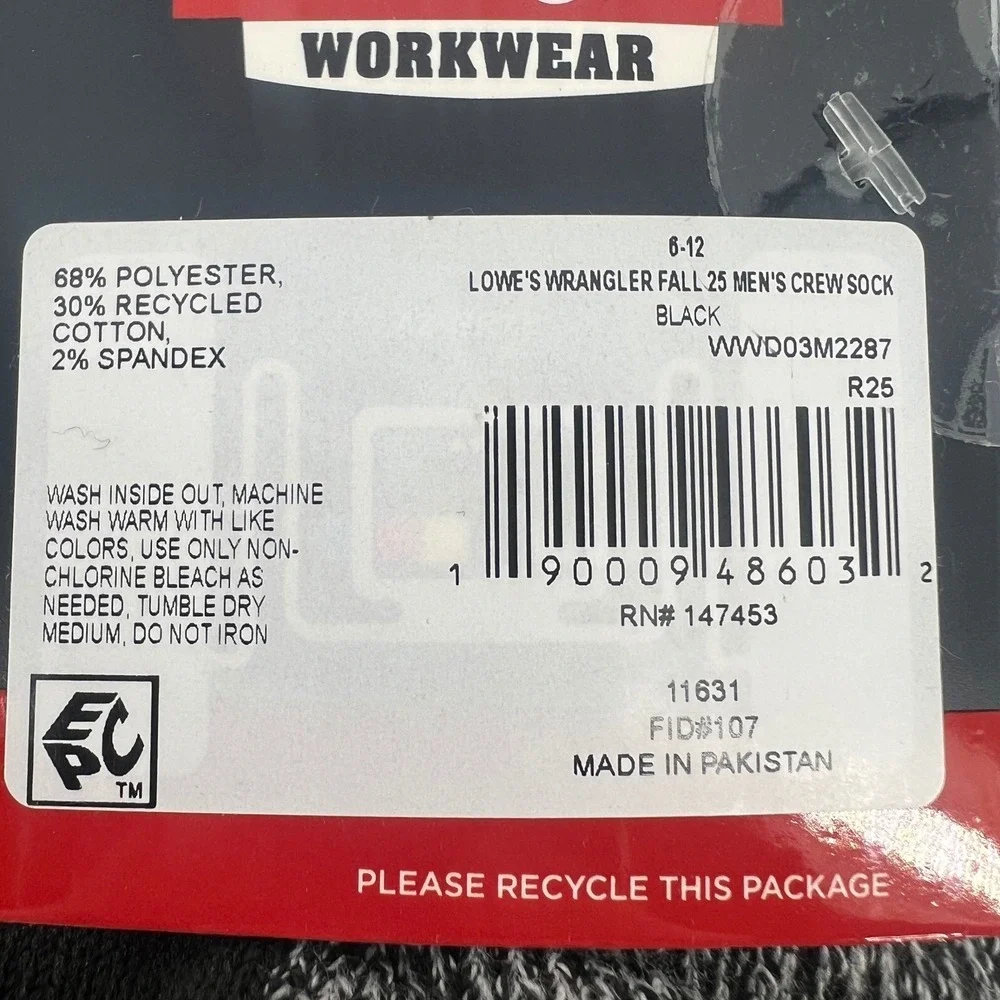 Wrangler Workwear Men's 6 Pack Black Cushion Comfort‎ Work Socks Size 6-12